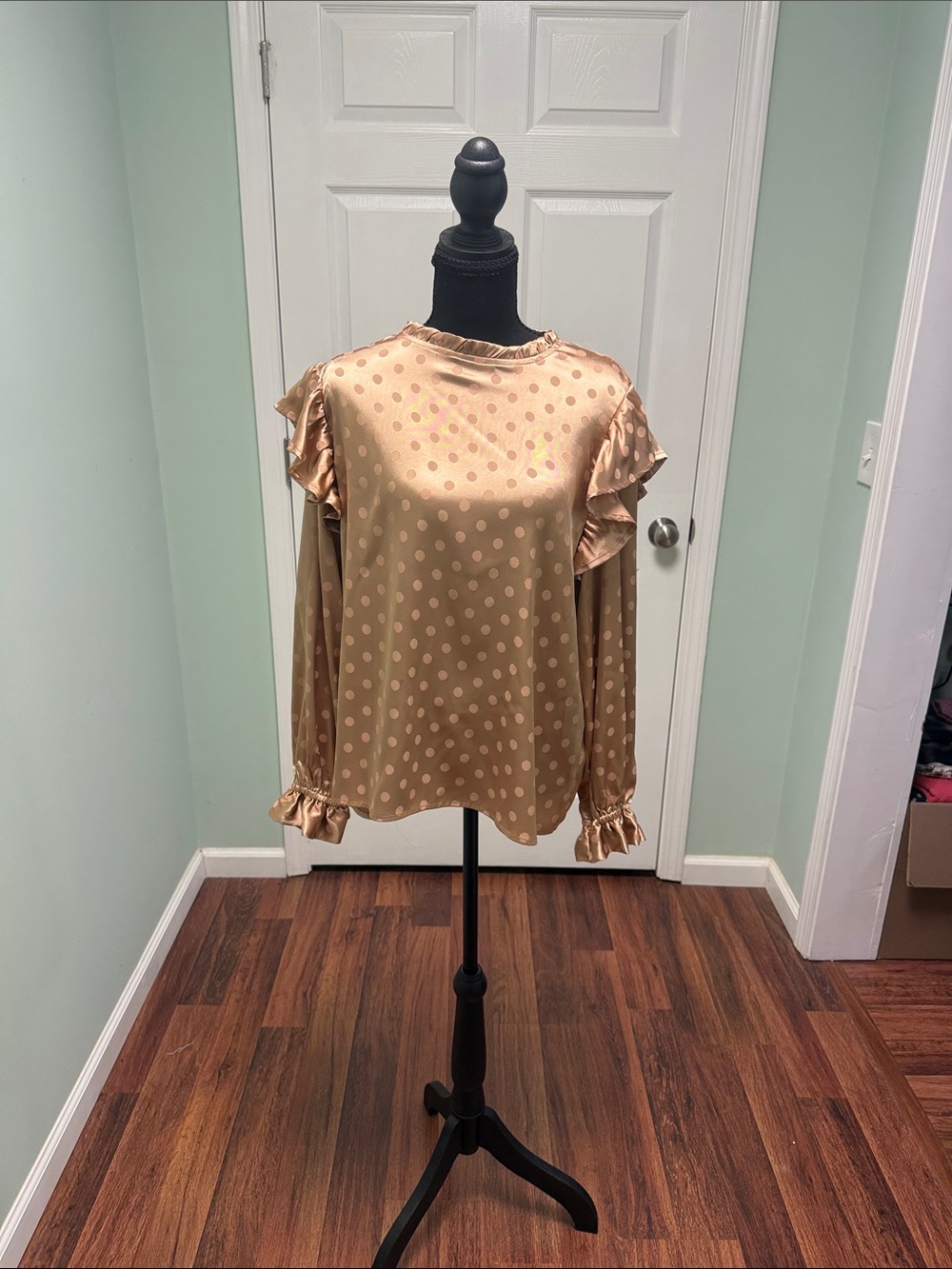Polka Dot Satin Ruffle Long Sleeve Blouse - Gold